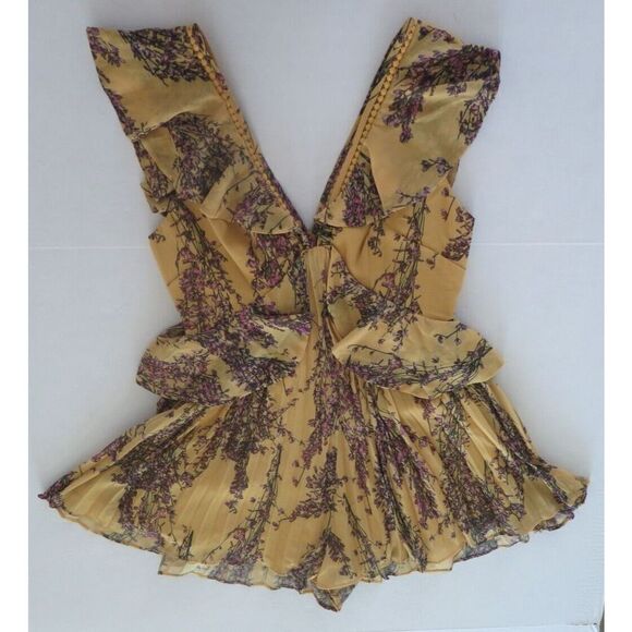 Keepsake Label Women's Sz M Mustard Yellow Floral Light Up Pleated Ruffle Romper - Picture 4 of 9